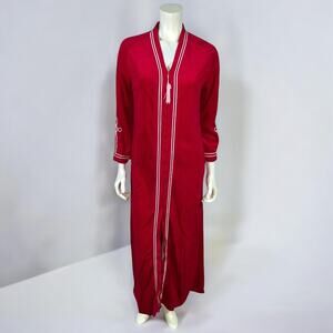 Vintage 1970s Evelyn Pearson Red Polyester Long Robe/House Dress with White Trim